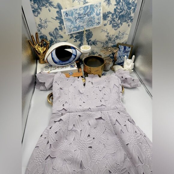 🆕 SAYLOR x FREE PEOPLE 🧿 NWOT Dahlia Lace Off Shoulder Tie Mini Dress - Sz S - Picture 2 of 16